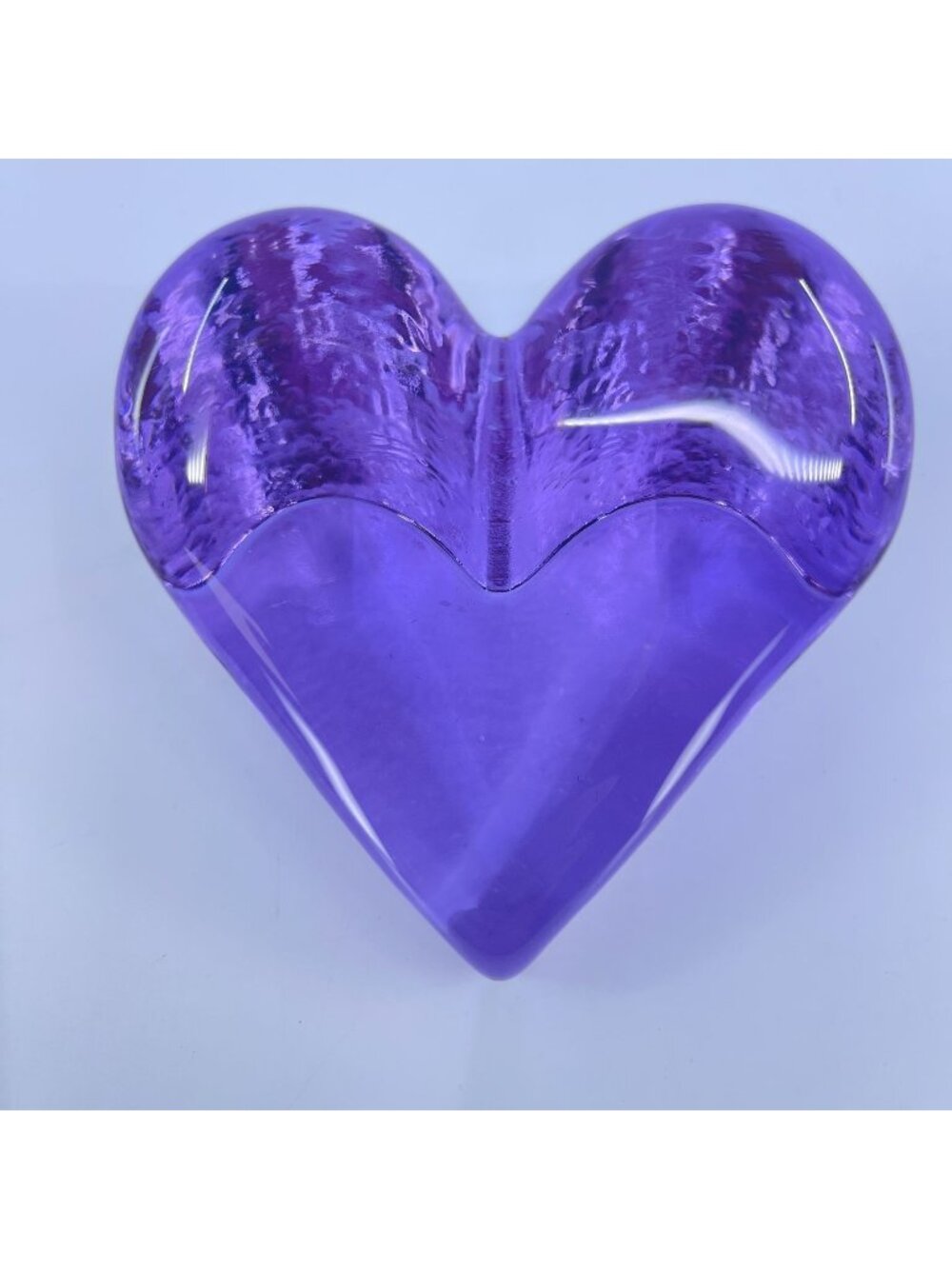 vintage purple glass heart shaped paperweight signed fire and light